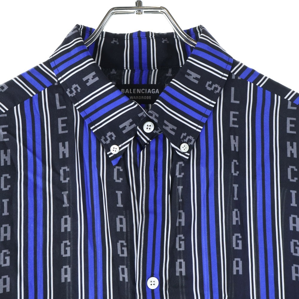 BALENCIAGA(バレンシアガ) Striped Logo Button Up Shirt ストライプロゴボタンアップ 長袖シャツ ブラック/ブルー 627023 TKL32