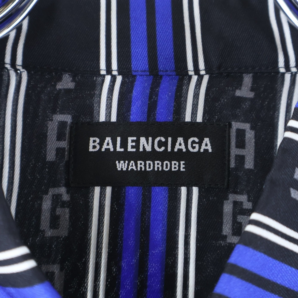 BALENCIAGA(バレンシアガ) Striped Logo Button Up Shirt ストライプロゴボタンアップ 長袖シャツ ブラック/ブルー 627023 TKL32