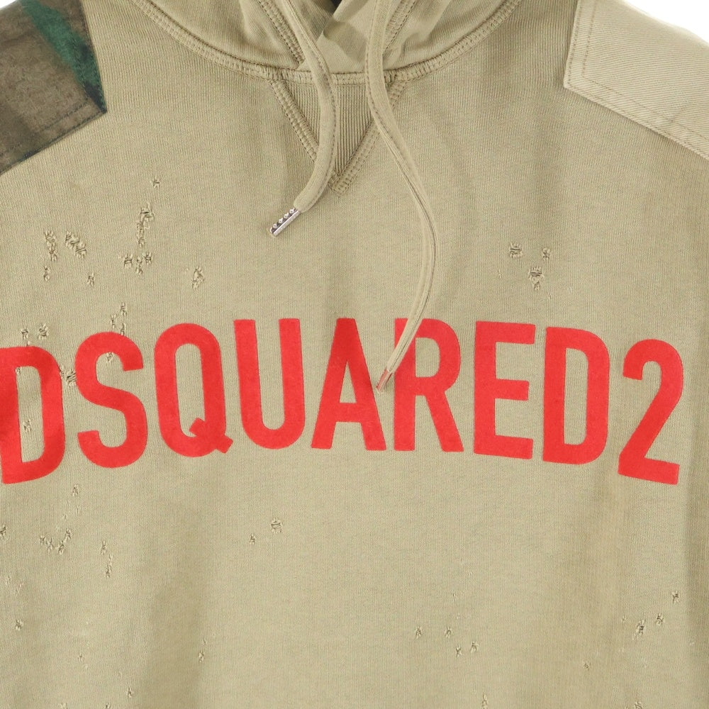 DSQUARED2(ディースクエアード) 22AW Hoodie ダメージ加工 プルオーバースウェットパーカー ベージュ S74GU0644 S25030