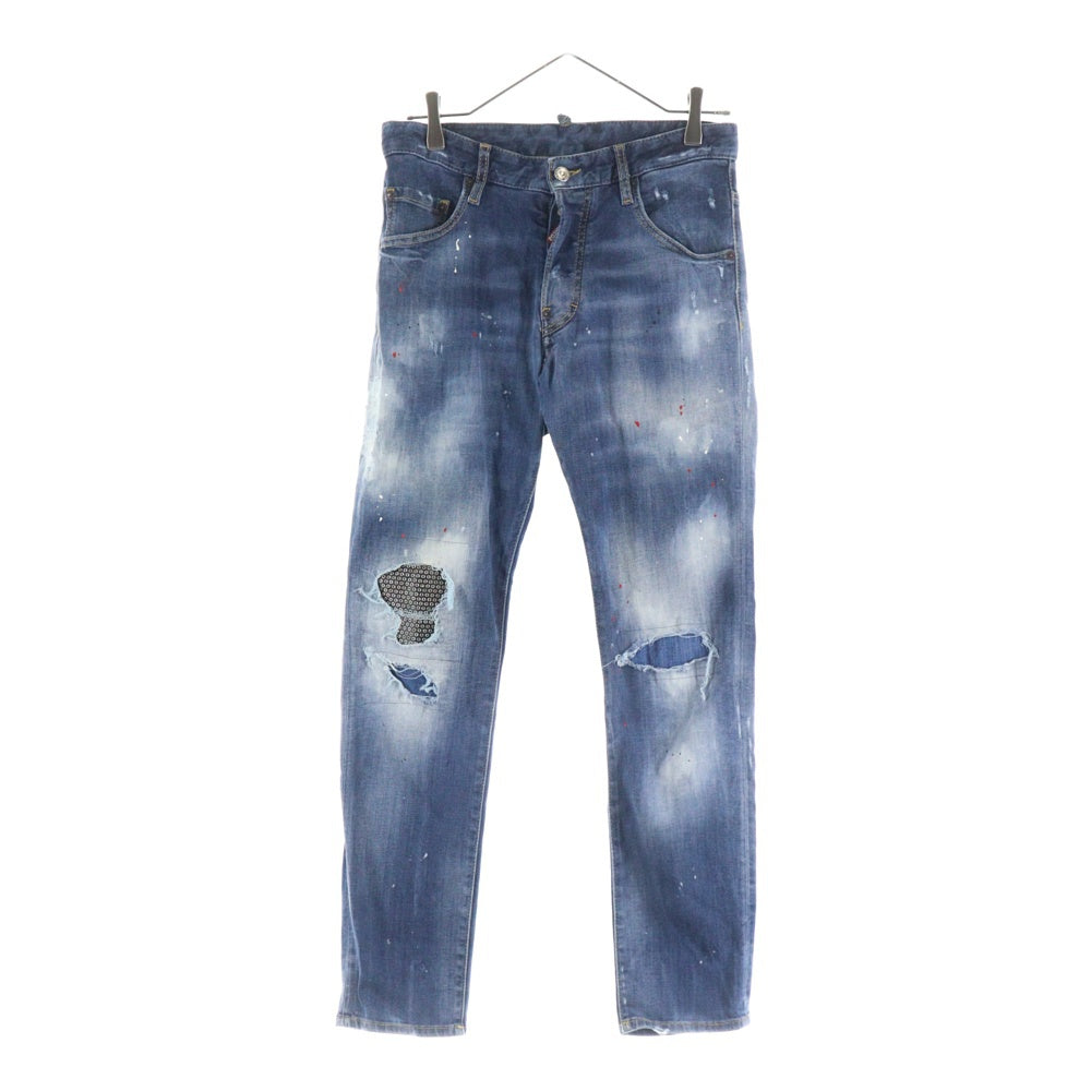 DSQUARED2(ディースクエアード) 21AW Skater Jean ダメージ加工 ペイント スタッズニー スキニーデニムパンツ インディゴ