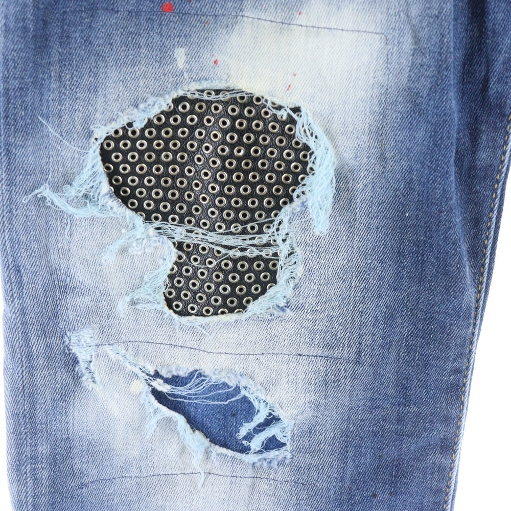 DSQUARED2(ディースクエアード) 21AW Skater Jean ダメージ加工 ペイント スタッズニー スキニーデニムパンツ インディゴ