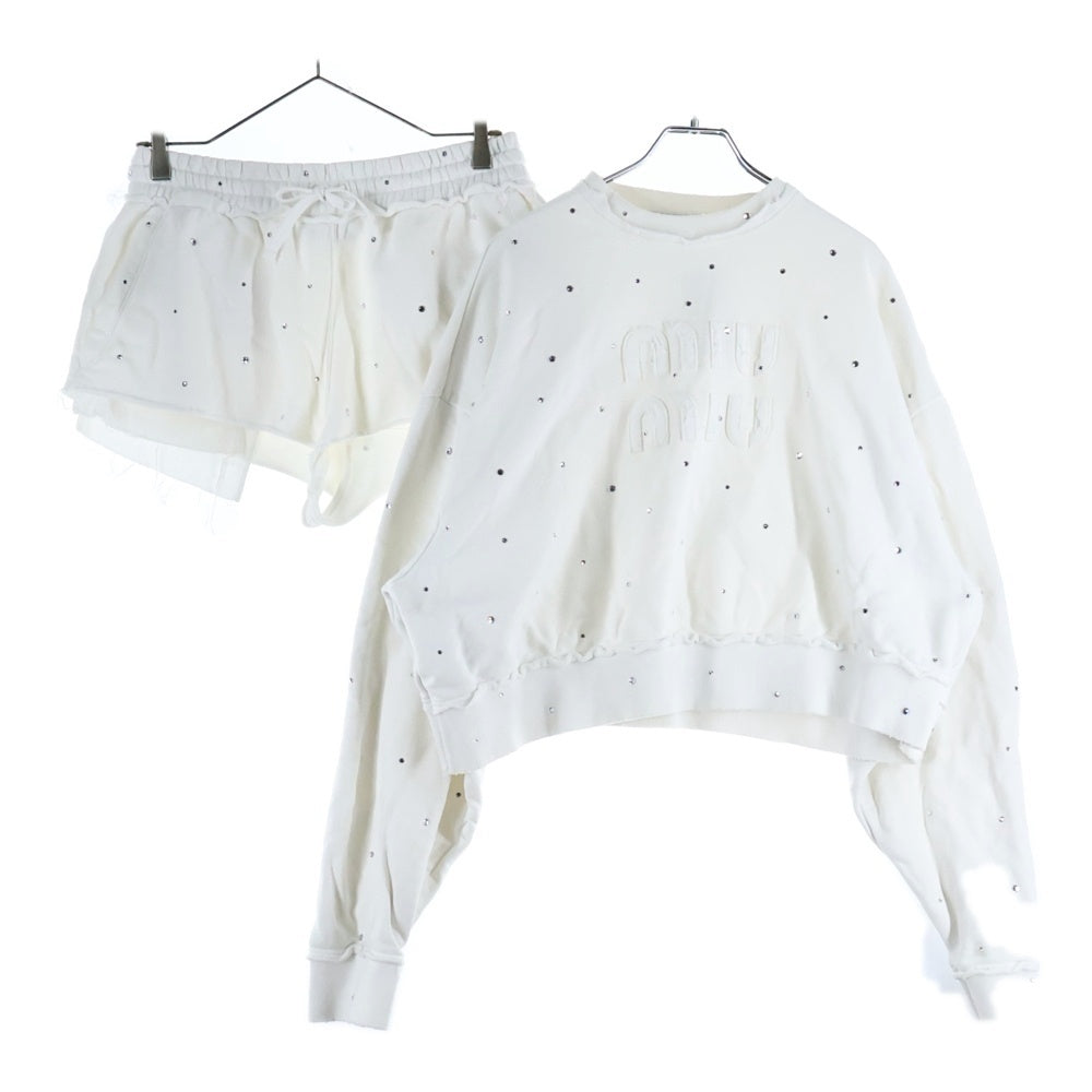 miumiu(ミュウミュウ) Sweatshirt Set Up ラインストーン装飾 クロップド クルーネックスウェットトレーナー ショートパンツ ホワイト レディース MJL913