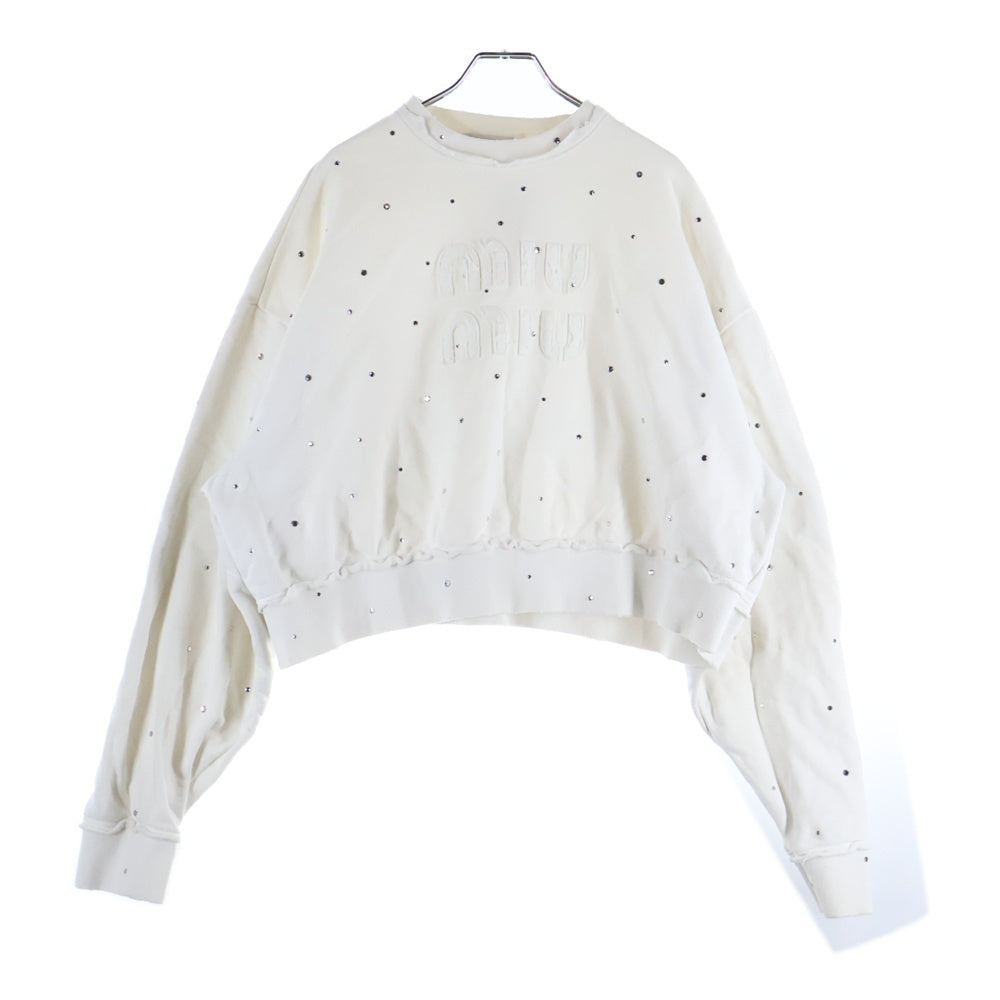 miumiu(ミュウミュウ) Sweatshirt Set Up ラインストーン装飾 クロップド クルーネックスウェットトレーナー ショートパンツ ホワイト レディース MJL913