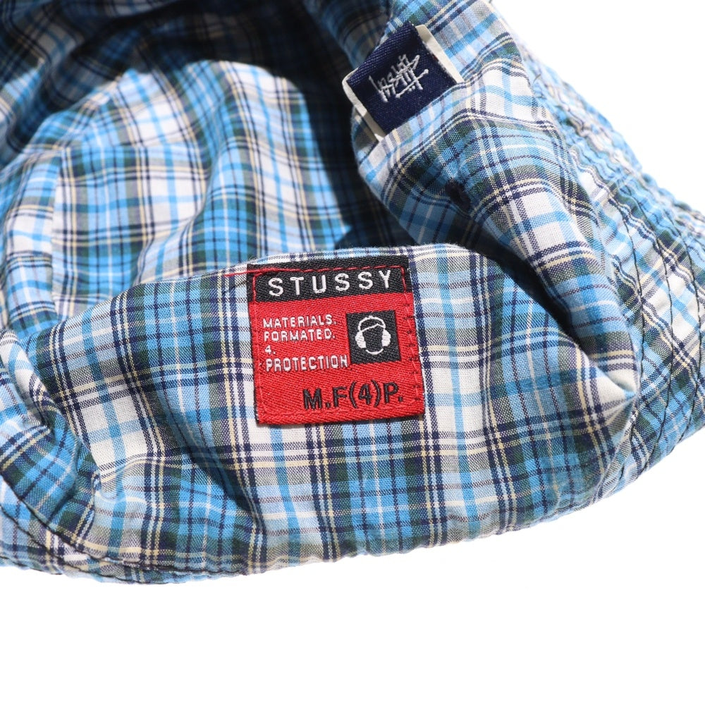 STUSSY(ステューシー) 90s old ロゴ刺繍 バケットハット 裏地チェック ブラック