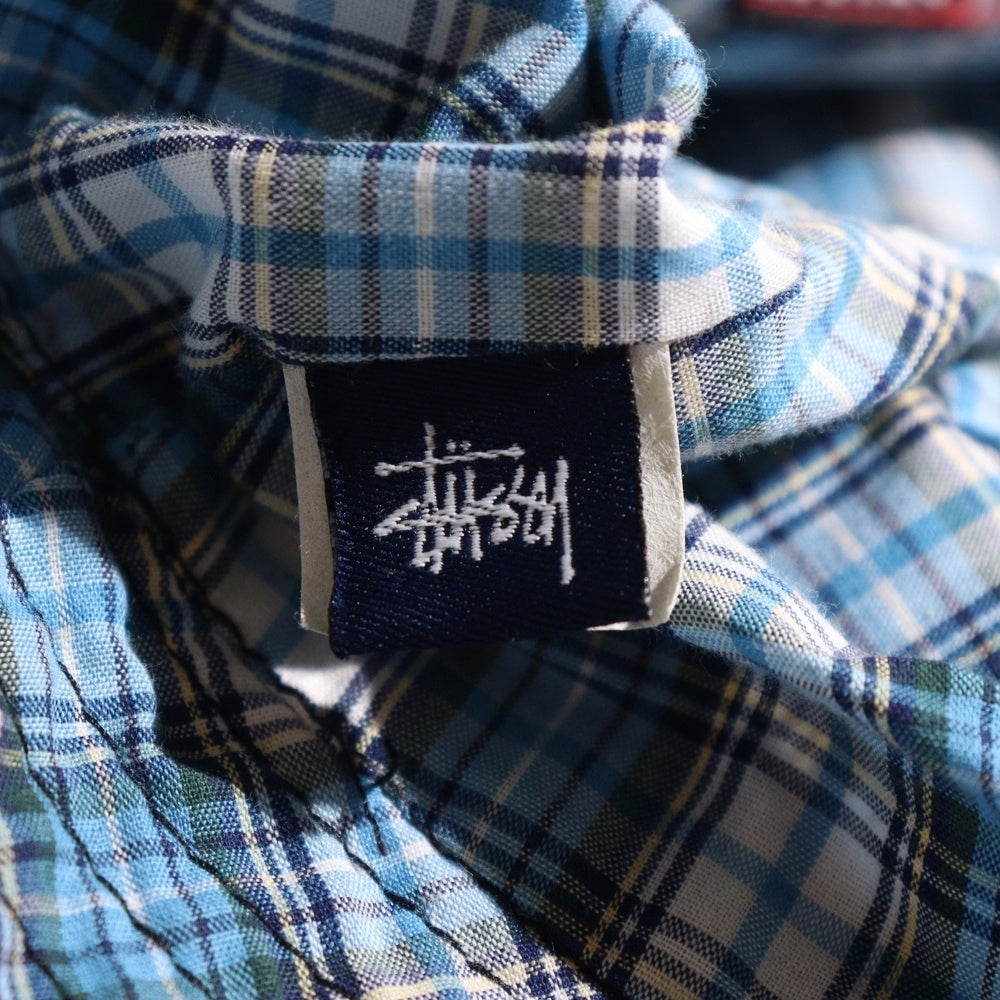 STUSSY(ステューシー) 90s old ロゴ刺繍 バケットハット 裏地チェック ブラック