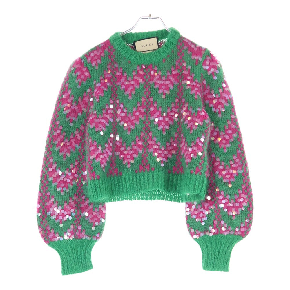 GUCCI(グッチ) Crop Sequin Sweater クロップ スパンコールニット レディース グリーン/ピンク 713233 XKCMS