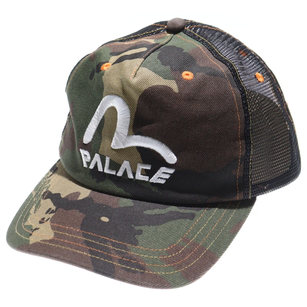 EVISU(エビス) 23SS ×PALACE Denim Mesh Trucker Cap パレス 刺繍 カモフラージュ 迷彩 メッシュトラッカーキャップ 帽子 カーキ
