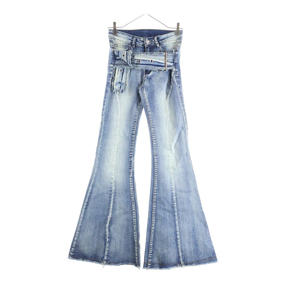 NO BRAND(ノーブランド) RVNTENG Belt Flare Denim Pants ベルト フレアデニムパンツ インディゴ レディース