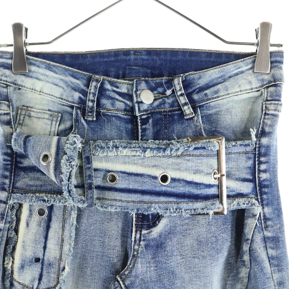 NO BRAND(ノーブランド) RVNTENG Belt Flare Denim Pants ベルト フレアデニムパンツ インディゴ レディース