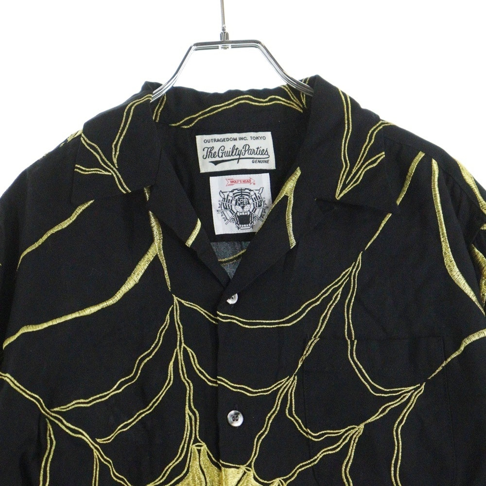 WACKO MARIA(ワコマリア) 21AW ×WOLF'SHEAD 50'S SHIRTS L/S ウルフズ ヘッド 長袖シャツ 蜘蛛の巣柄 ブラック/イエロー
