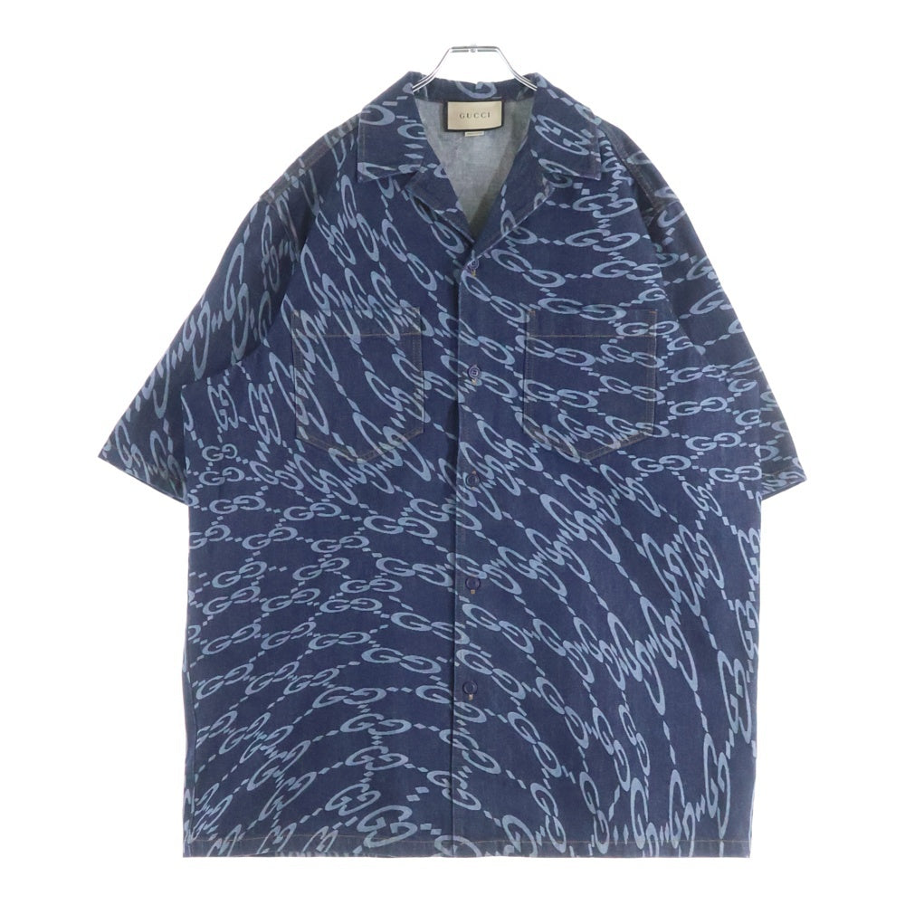 GUCCI(グッチ) Blue Wave Shaped GG Laser Printed Denim Shirt 半袖デニムシャツ インディゴ 782744 XDCWQ