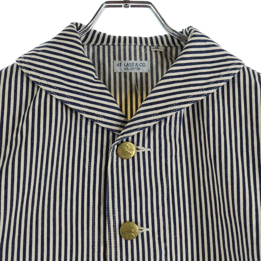 AT LAST & CO(アットラスト) SHAWL COLLAR COVERALL ヒッコリーデニムショールカバーオールジャケット ホワイト/ネイビー