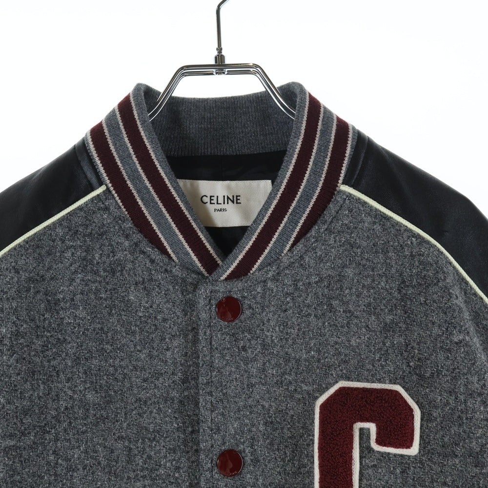 極美品 CELINE ロゴ刺繍 テディジャケット 34 グレー CELINE セリーヌ ブランドロゴ CELINE刺繍 テディジャケット / サテン