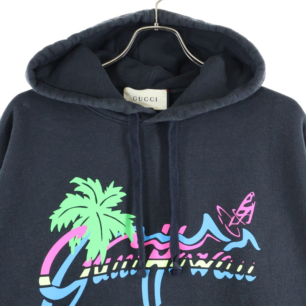 GUCCI(グッチ) 20SS Hawaii Print Hoodie グッチ ハワイプリントフーディ プルオーバーパーカー ヤシの木 ロゴプリント ネオンカラー 626989 XJCSP ブラック