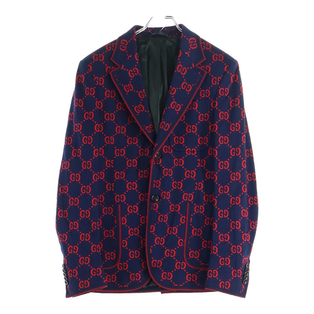 GUCCI(グッチ) 18SS GG総柄ジャガード 2B テーラードジャケット ネイビー/レッド 495218