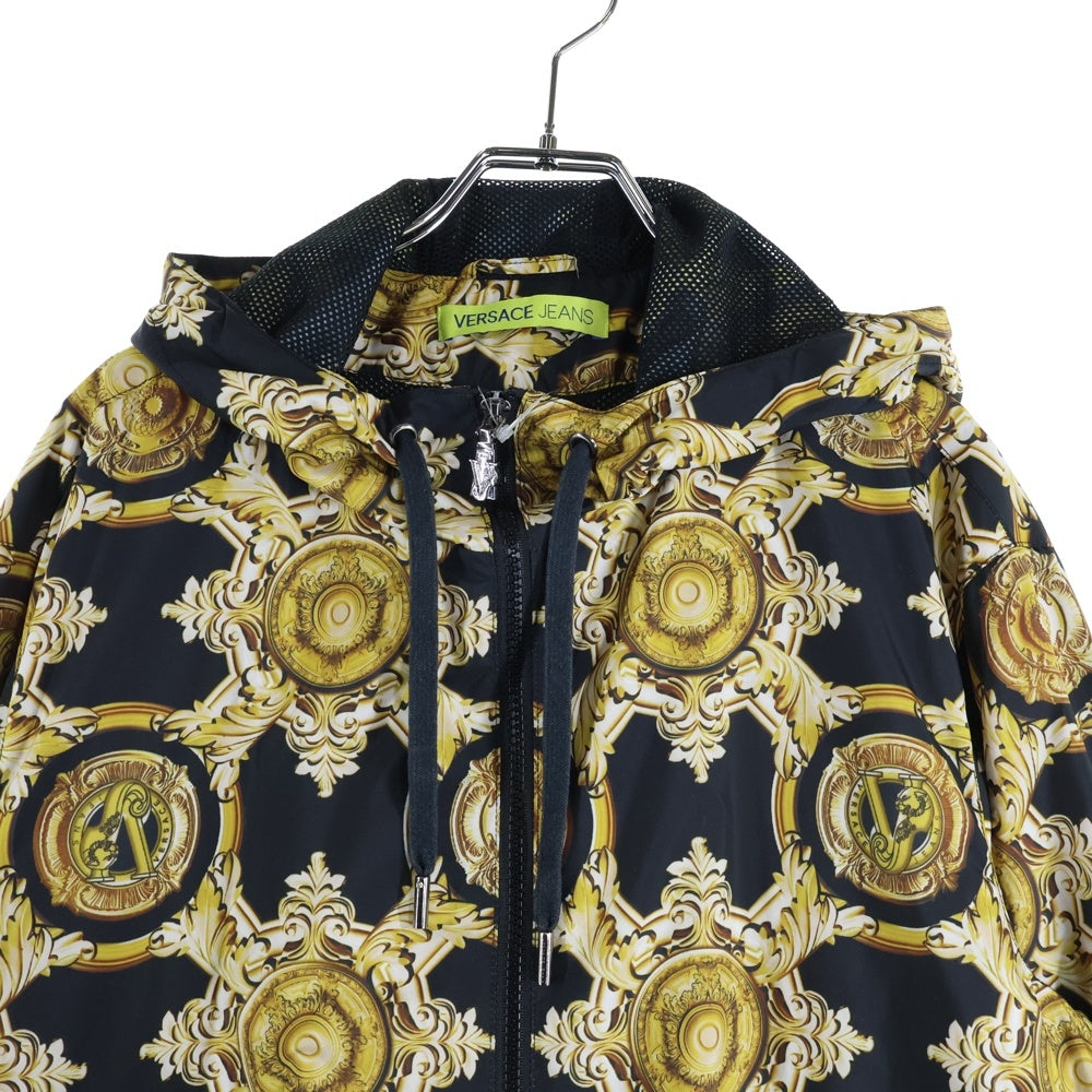 VERSACE(ヴェルサーチ) Nylon Jacket 総柄ナイロンジャケット ジップアップパーカー フーディー ブラック/ゴールド