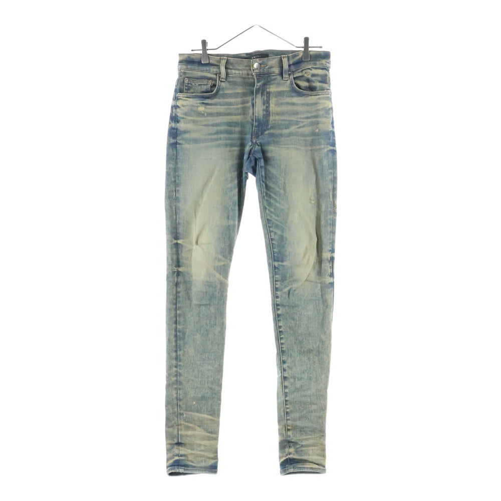 AMIRI(アミリ) ロゴパッチ フェードダメージ加工 ストレッチスキニーデニムパンツ インディゴ/ブラウン
