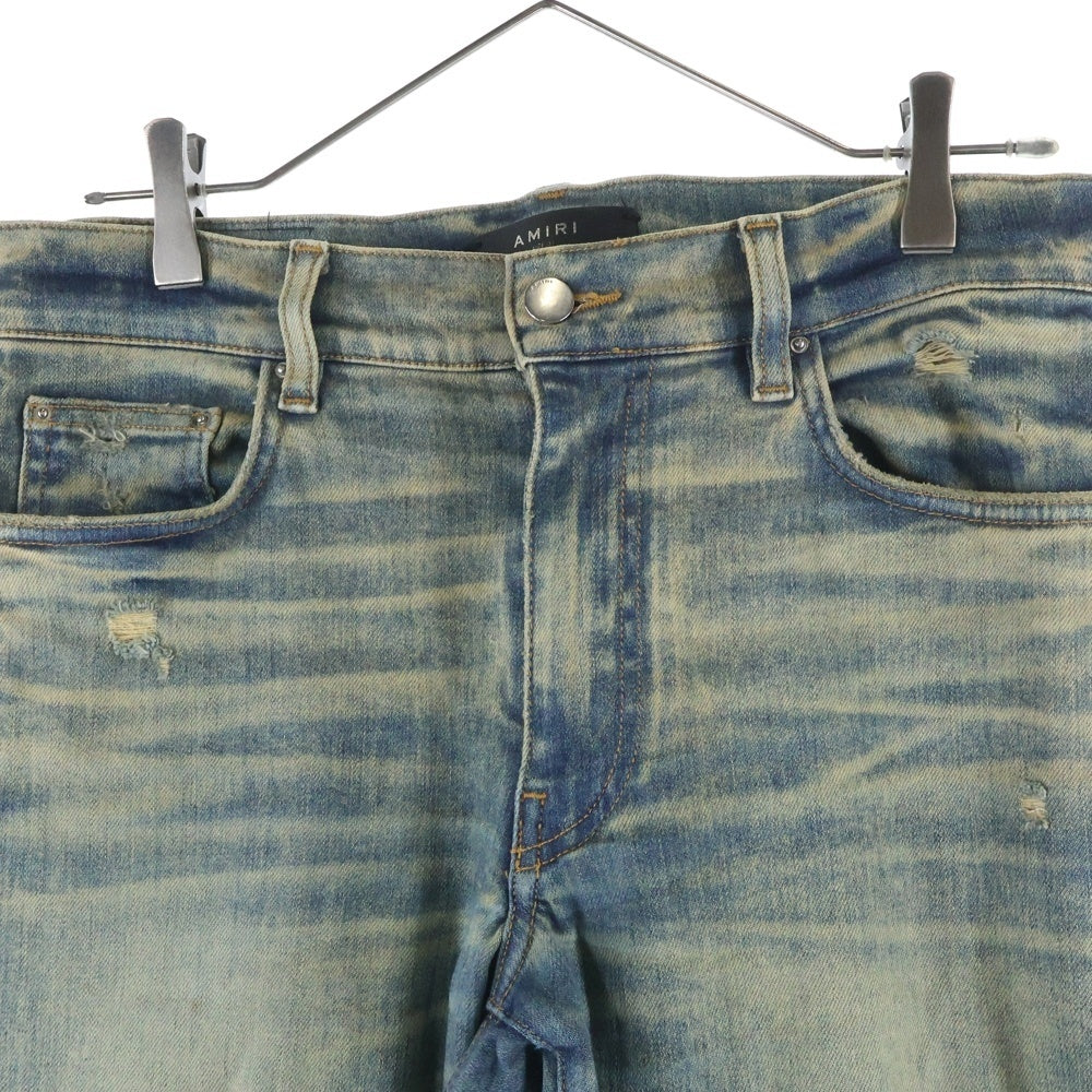 AMIRI(アミリ) ロゴパッチ フェードダメージ加工 ストレッチスキニーデニムパンツ インディゴ/ブラウン