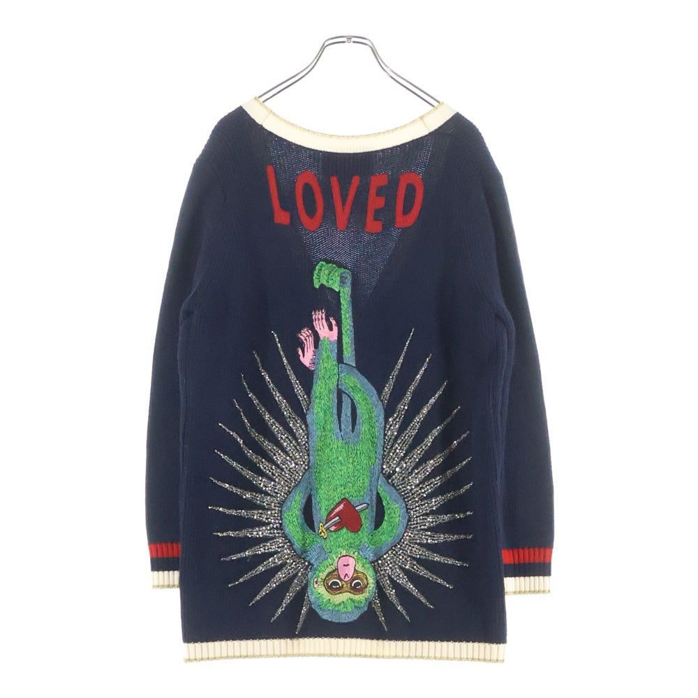GUCCI(グッチ) Wool Knit Cardigan ラインストーン装飾 ロゴ刺繍 ウールニットカーディガン ネイビー 501427 X9N09 レディース