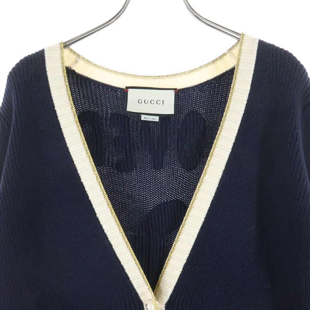 GUCCI(グッチ) Wool Knit Cardigan ラインストーン装飾 ロゴ刺繍 ウールニットカーディガン ネイビー 501427 X9N09 レディース