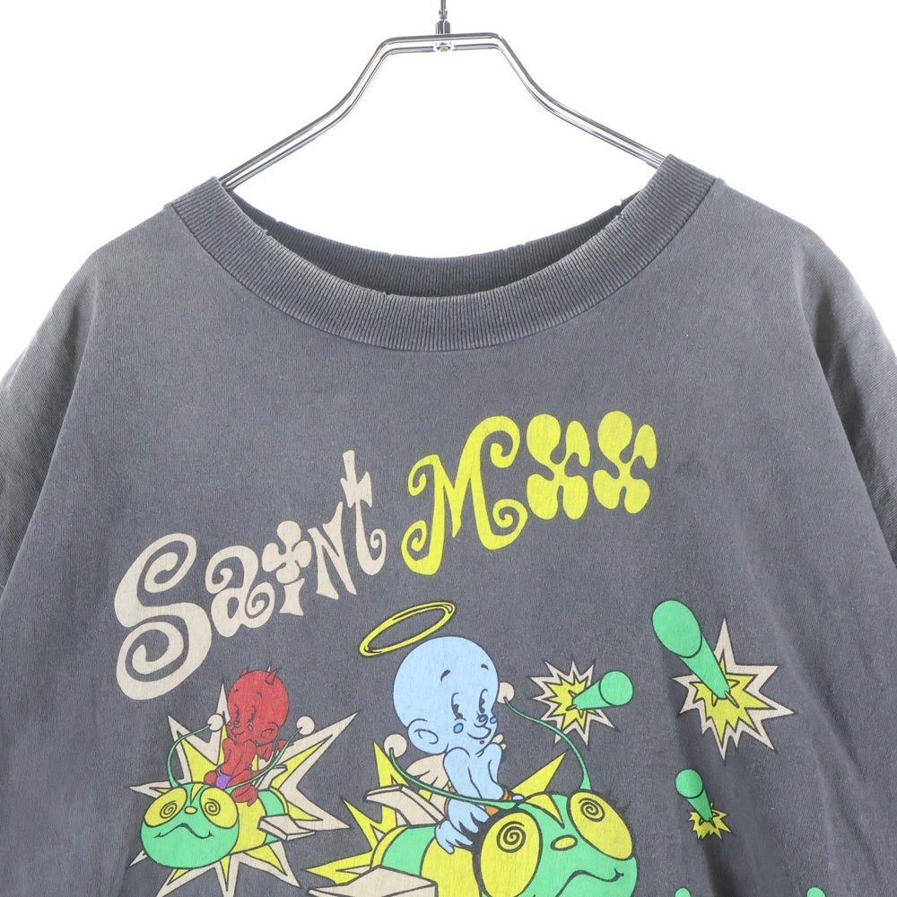 SAINT MICHAEL(セントマイケル) 25SS SS TEE SAINT MX6 キャラクタープリント ダメージ加工 半袖Tシャツ グレー SM-HR8-0000-014