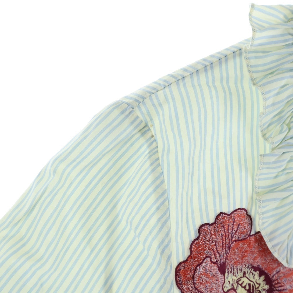GUCCI(グッチ) Flower Embroidery Shirt ストライプ 花柄刺繍 長袖シャツ ブラウス ブルー レディース 497747 Z310F