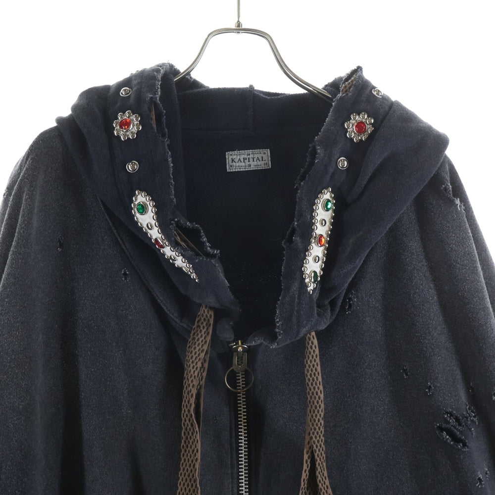 KAPITAL(キャピタル) Thriller Devil Hoodie スリラー ダメージ加工 スタッズ装飾 ジップアップスウェットパーカー フーディー グレー K2503LC053