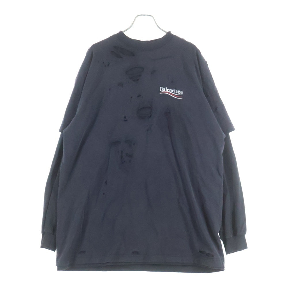 BALENCIAGA(バレンシアガ) 25SS Layered Crash Campaign Logo L/S T-Shirt レイヤード クラッシュ ダメージ加工 キャンペーンロゴ長袖Tシャツ ブラック 818555 TRVK8