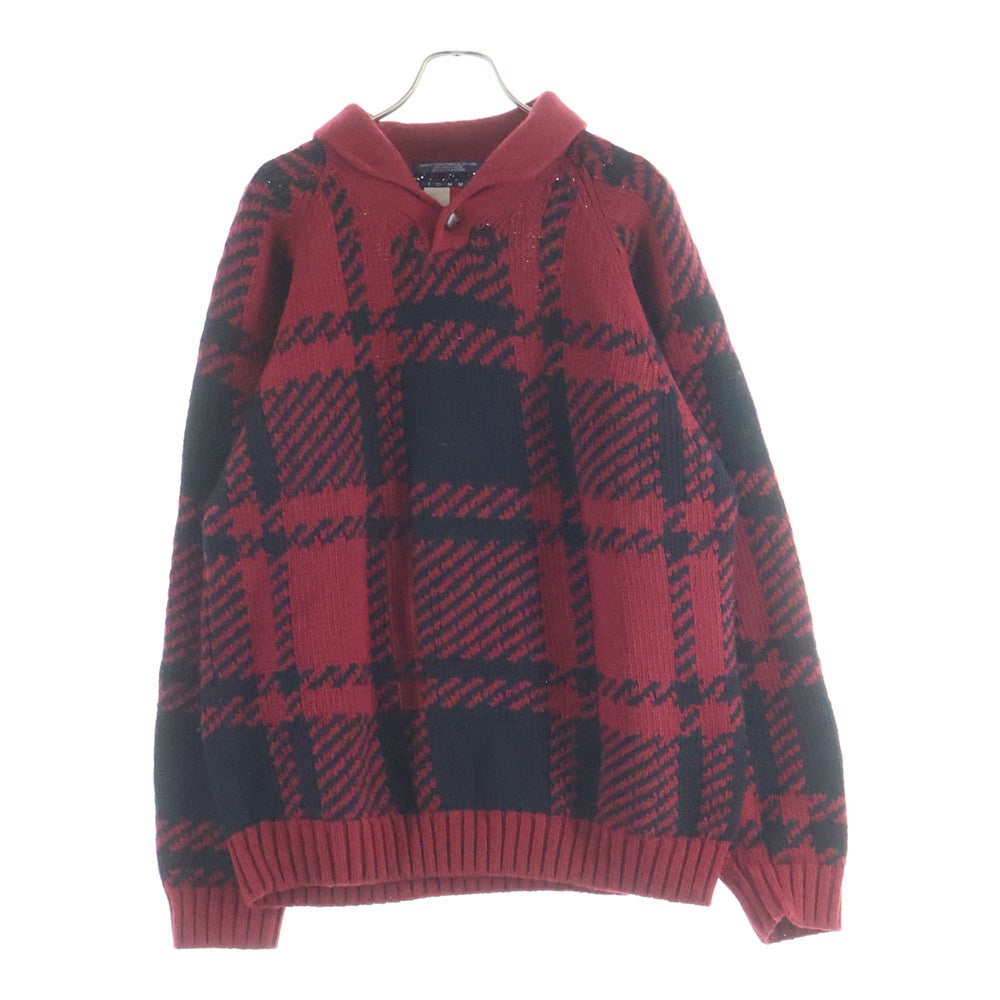 TOMMY HILFIGER(トミーヒルフィガー) チェック柄 レザー エルボーパッチ カウチンセーター レッド