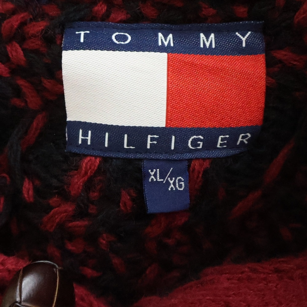 TOMMY HILFIGER(トミーヒルフィガー) チェック柄 レザー エルボーパッチ カウチンセーター レッド