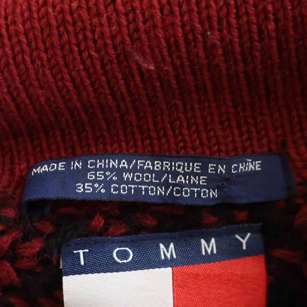 TOMMY HILFIGER(トミーヒルフィガー) チェック柄 レザー エルボーパッチ カウチンセーター レッド