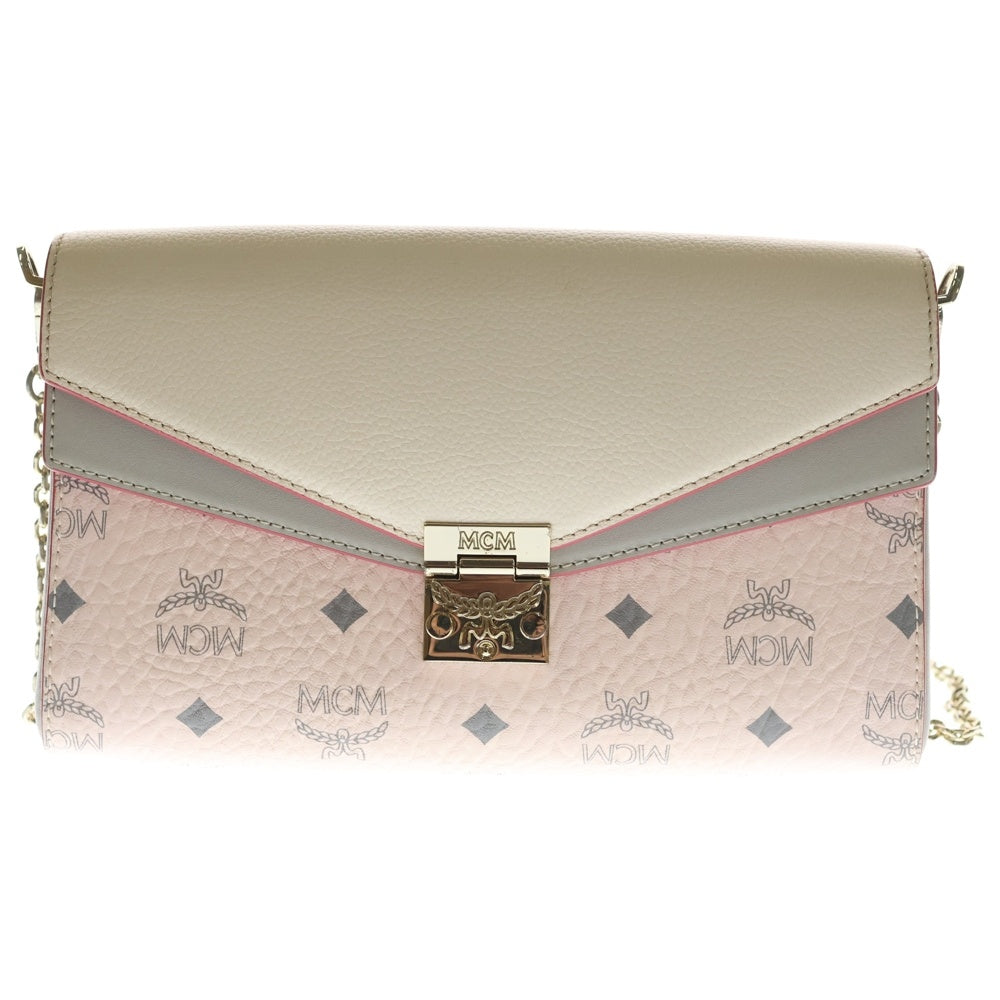MCM(エム シー エム) Calfskin Visetoes Monogram Shoulder Bag モノグラム レザーチェーンショルダーバッグ ピンク レディース