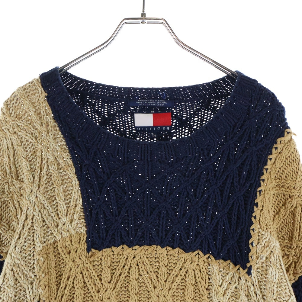 TOMMY HILFIGER(トミーヒルフィガー) Knit Cotton Sweater コットンニットセーター 切り替え手編みニット ベージュ/ ネイビー
