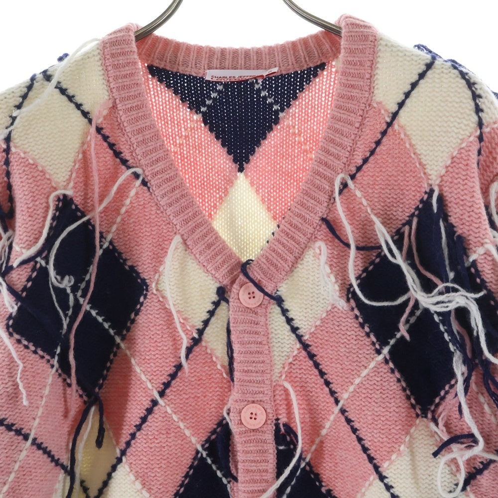 CHARLES JEFFREY LOVERBOY(チャールズジェフリーラバーボーイ) KNITTED GUDDLE ARGYLE CARDI 格子柄 Vネックカーディガン ニット ピンク