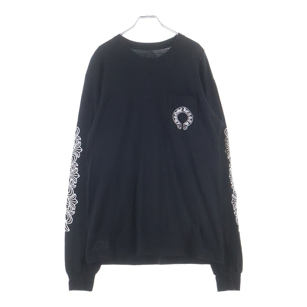 CHROME HEARTS(クロムハーツ) FLRL CRS HORSESHOE L/S フローラルクロス ホースシュー 両面ロゴデザイン クルーネック カットソー 長袖Tシャツ ブラック
