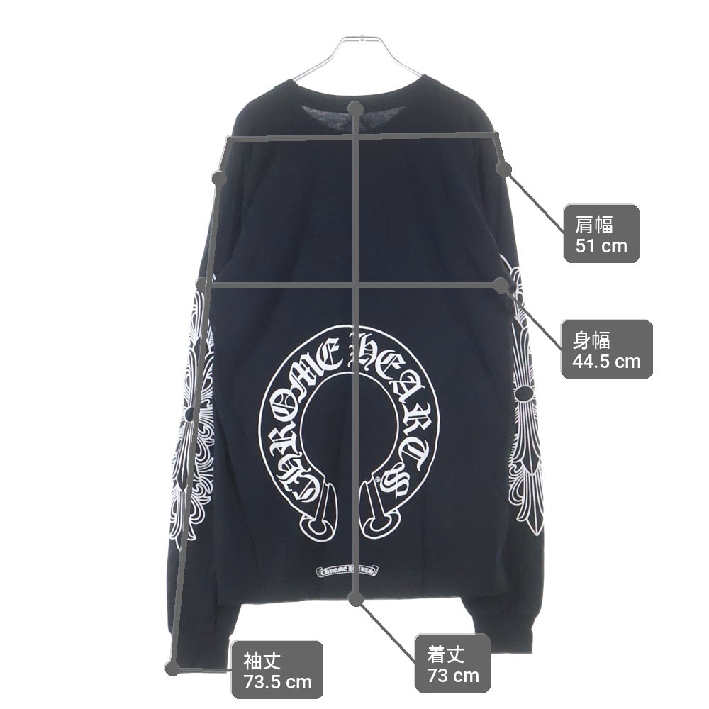 CHROME HEARTS(クロムハーツ) FLRL CRS HORSESHOE L/S フローラルクロス ホースシュー 両面ロゴデザイン クルーネック カットソー 長袖Tシャツ ブラック