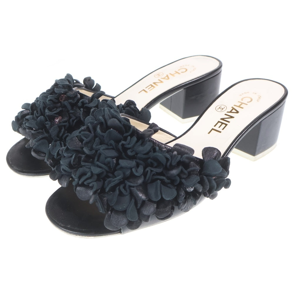 CHANEL(シャネル) Leather Flower Motif レザーフラワーモチーフ ヒールサンダル ブラック G46359 レディース