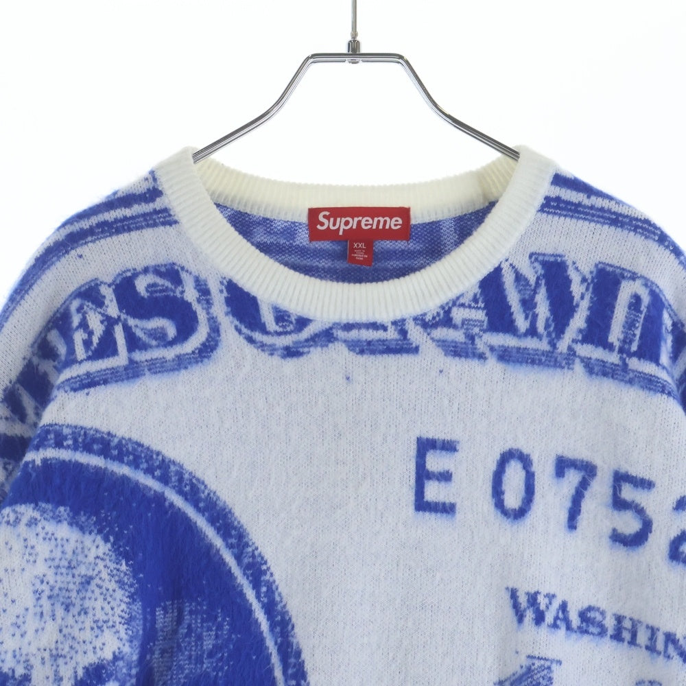 SUPREME(シュプリーム) 25SS Money Sweater 総柄マネーモチーフ クルーネック長袖ニットセーター ブルー/ホワイト