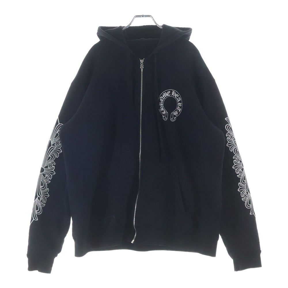 CHROME HEARTS(クロムハーツ) SWTSHRT HD ZIP 袖フローラル バックホースシュープリント 裏地サーマル ジップアップパーカー ブラック