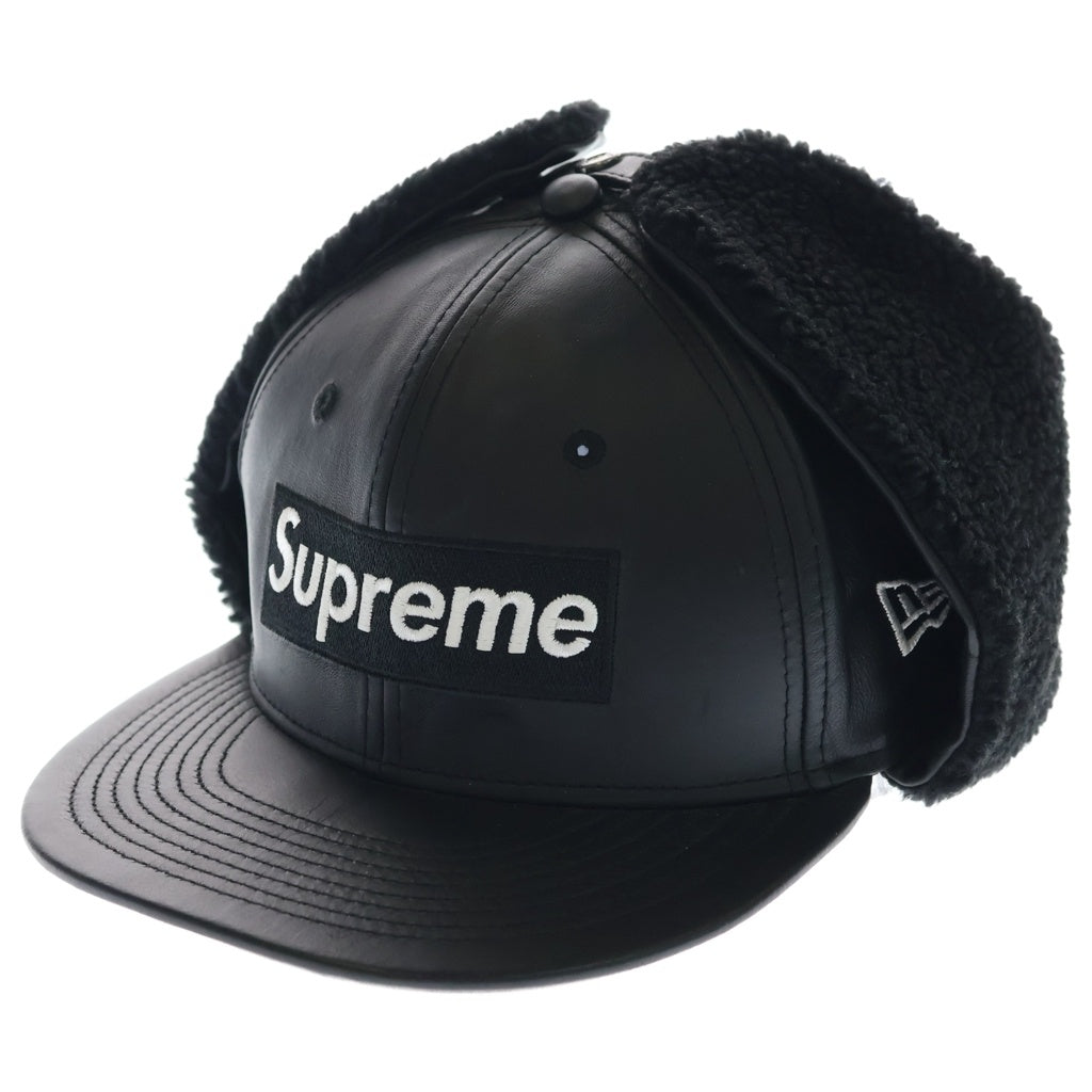 SUPREME(シュプリーム) 22AW ×NEW ERA Leather Earflap Box Logo Cap ニューエラ レザー ボックスロゴデザイン フライトキャップ 帽子 ブラック
