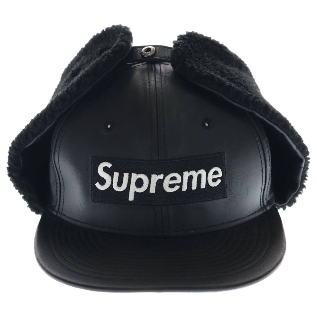 SUPREME(シュプリーム) 22AW ×NEW ERA Leather Earflap Box Logo Cap ニューエラ レザー ボックスロゴデザイン フライトキャップ 帽子 ブラック