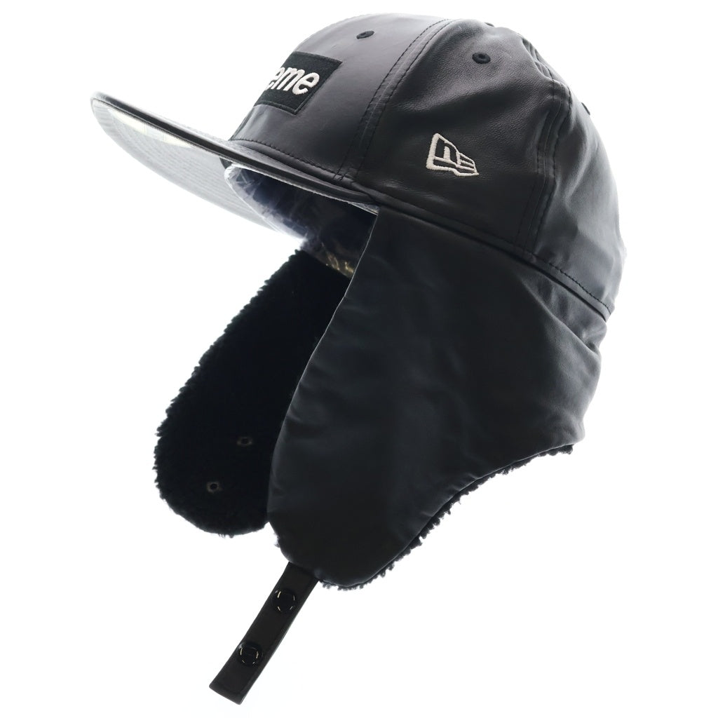 SUPREME(シュプリーム) 22AW ×NEW ERA Leather Earflap Box Logo Cap ニューエラ レザー ボックスロゴデザイン フライトキャップ 帽子 ブラック