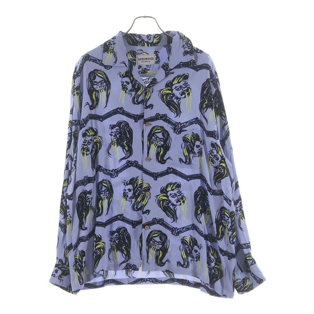 weirdo(ウィアード) BIG BAD WOLF - L/S SHIRTS ウルフ 総柄デザイン 長袖シャツ ブルー WRD-23-SS-13