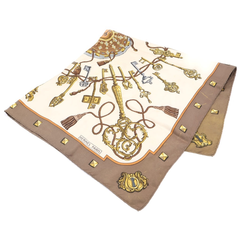 HERMES(エルメス) カレ90 Key Pattern Scarf 鍵柄スカーフ カーキ/ベージュ レディース