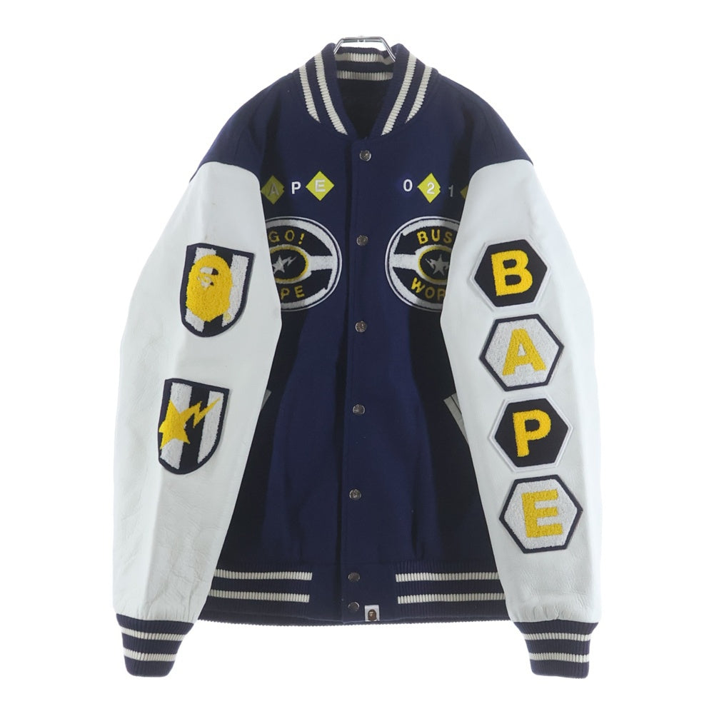 BAPE BY A BATHING APE(ベイプ ア ベイシング エイプ) 07AW ワッペン アームレザー切り替え バーシティジャケット スタジャン ブルー