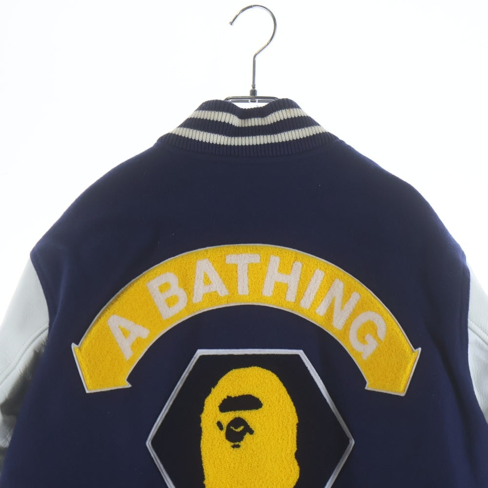 BAPE BY A BATHING APE(ベイプ ア ベイシング エイプ) 07AW ワッペン アームレザー切り替え バーシティジャケット スタジャン ブルー