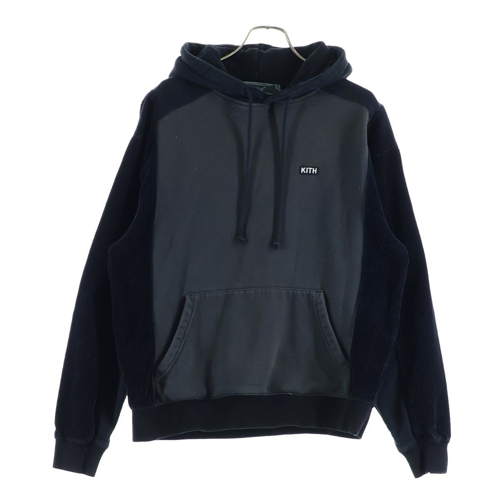 KITH(キス) フロントロゴデザイン コーデュロイ切り替え フーデッド スウェット トレーナ ブラック KHM031504