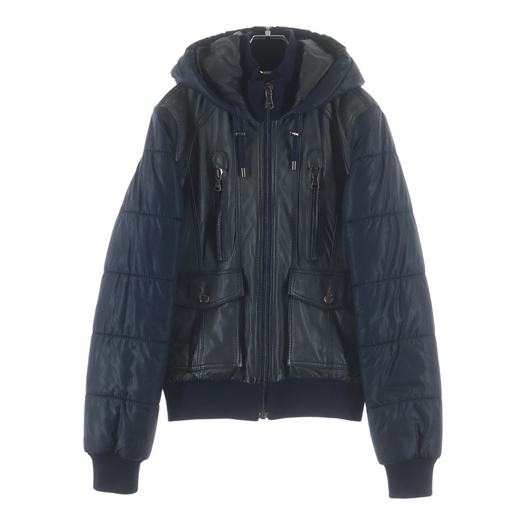 DOLCE & GABBANA(ドルチェアンドガッバーナ) Lambskin Switching Padding Hooded Jacket ラムスキ切替中綿フーデッド ジャケット レザー ネイビー RB0563/SE320