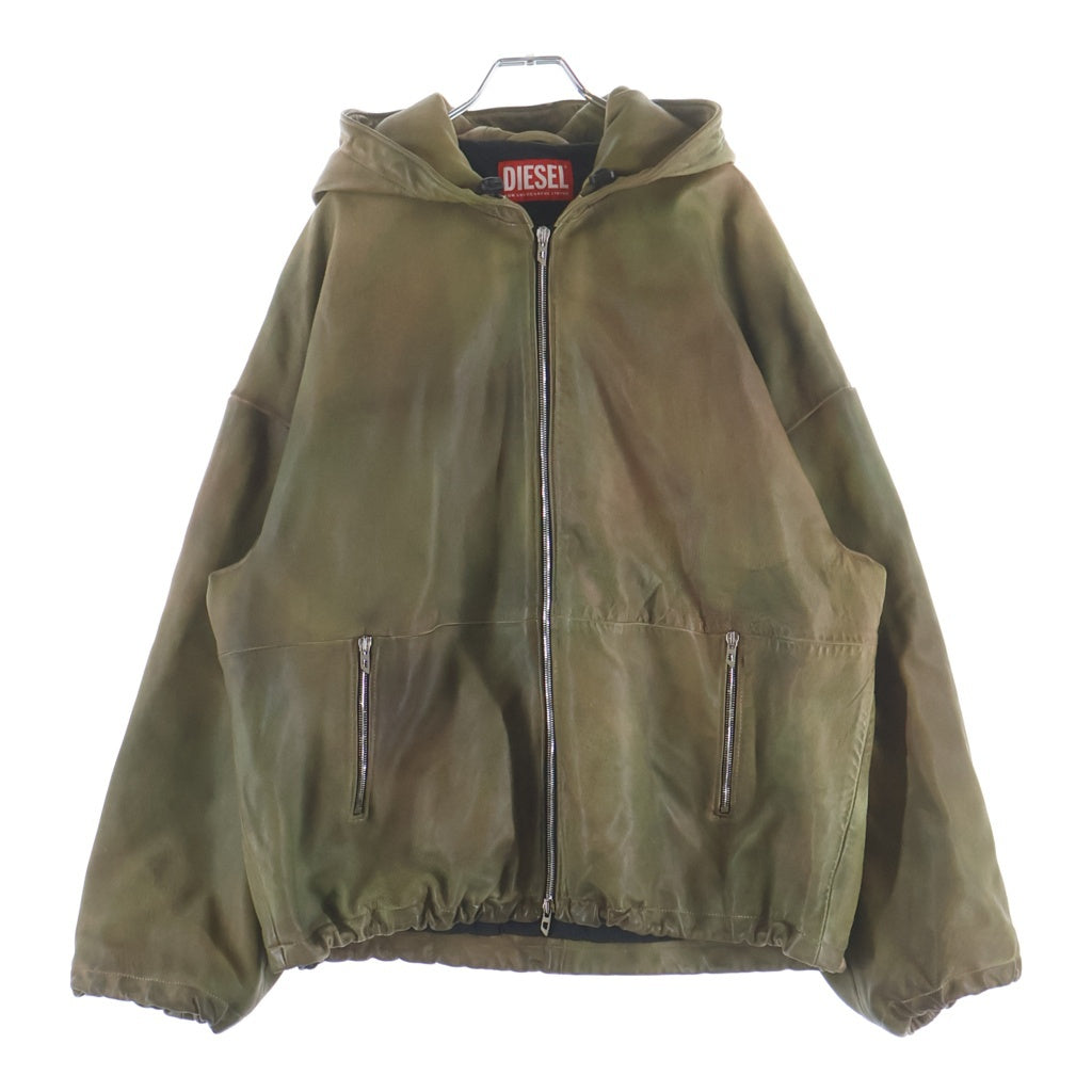 DIESEL(ディーゼル) LEATHER VATEL HOODED JACKET ヴァテル フーデッド ジップアップレザージャケット グリーン A13454