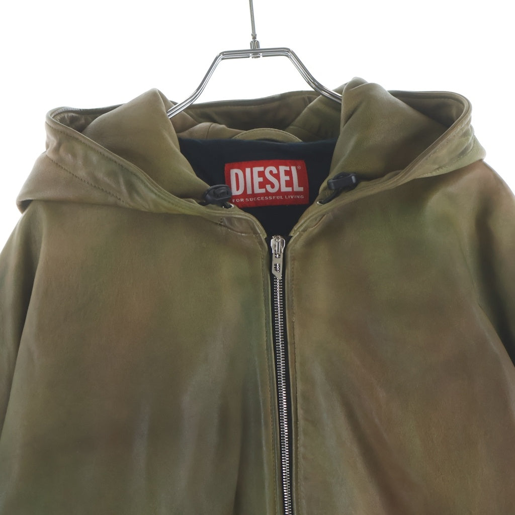 DIESEL(ディーゼル) LEATHER VATEL HOODED JACKET ヴァテル フーデッド ジップアップレザージャケット グリーン A13454